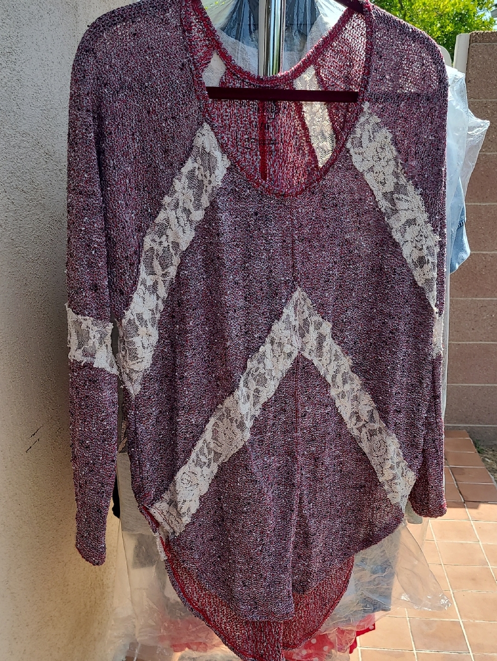 Free People Marled Burgundy Lace-Inset Knit Pullover Size Large